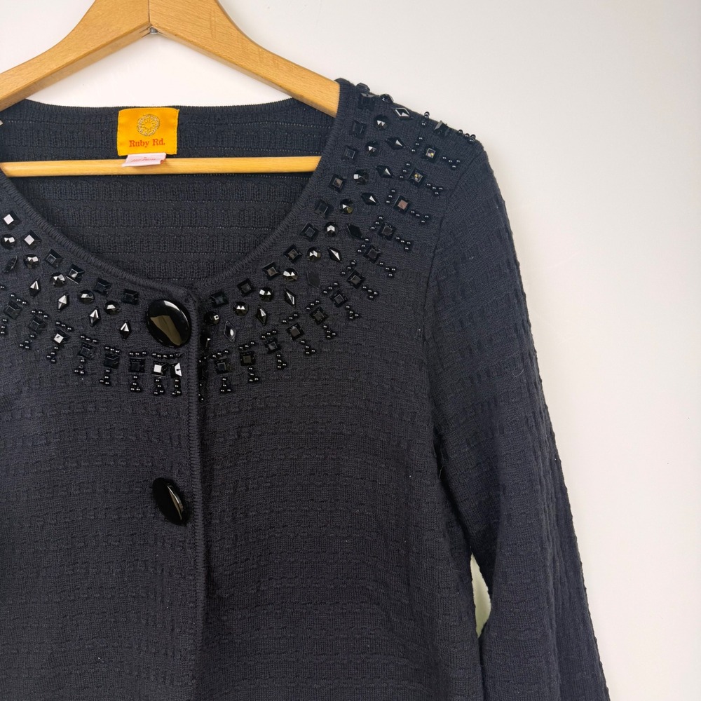 Ruby Rd Black Beaded Rhinestone Textured Knit Cardigan Sweater Large - Picture 4 of 9